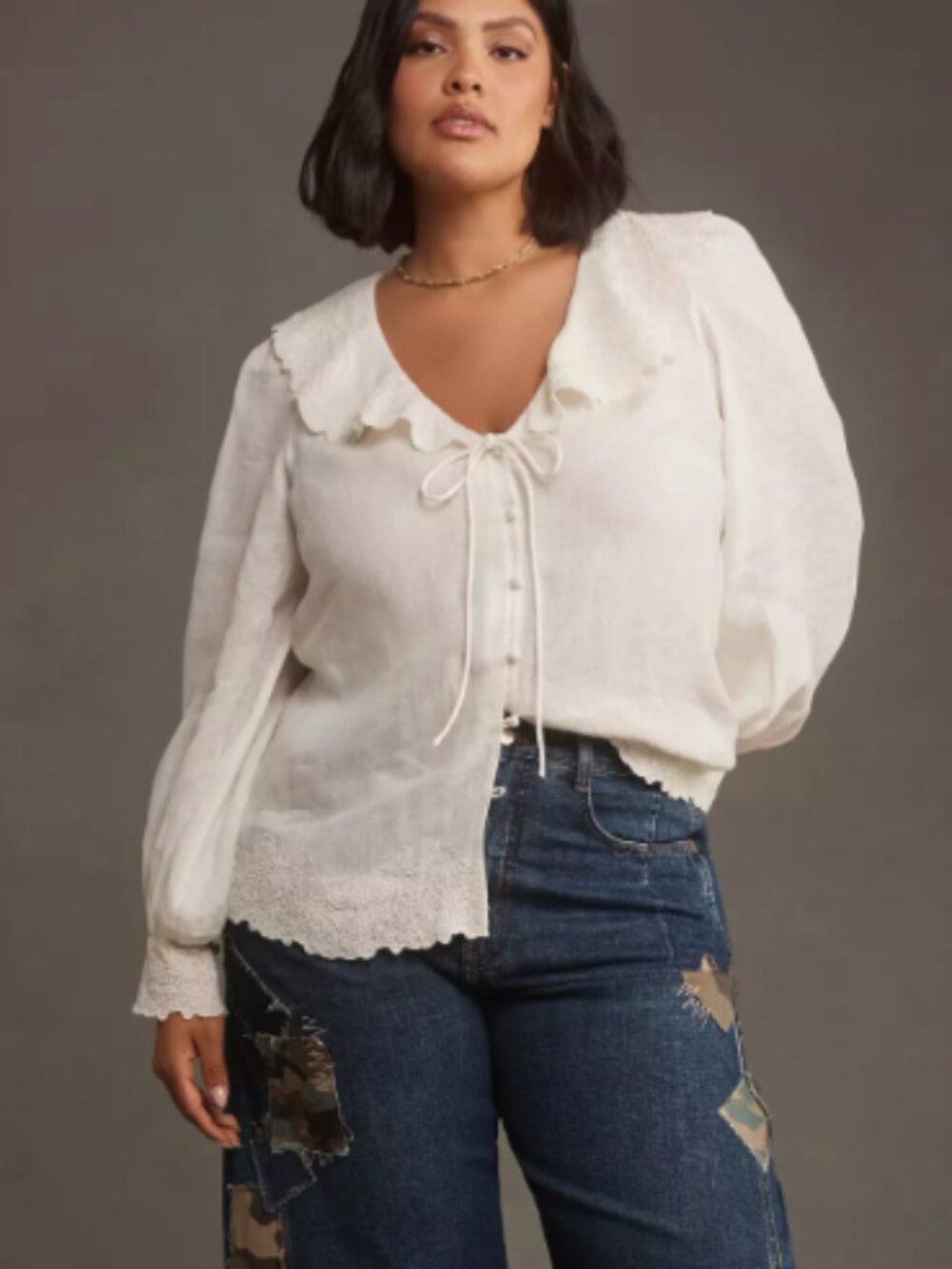 NWOT - By Anthropologie Long-Sleeve Embroidered Linen Tie-Front Top - Picture 2 of 8